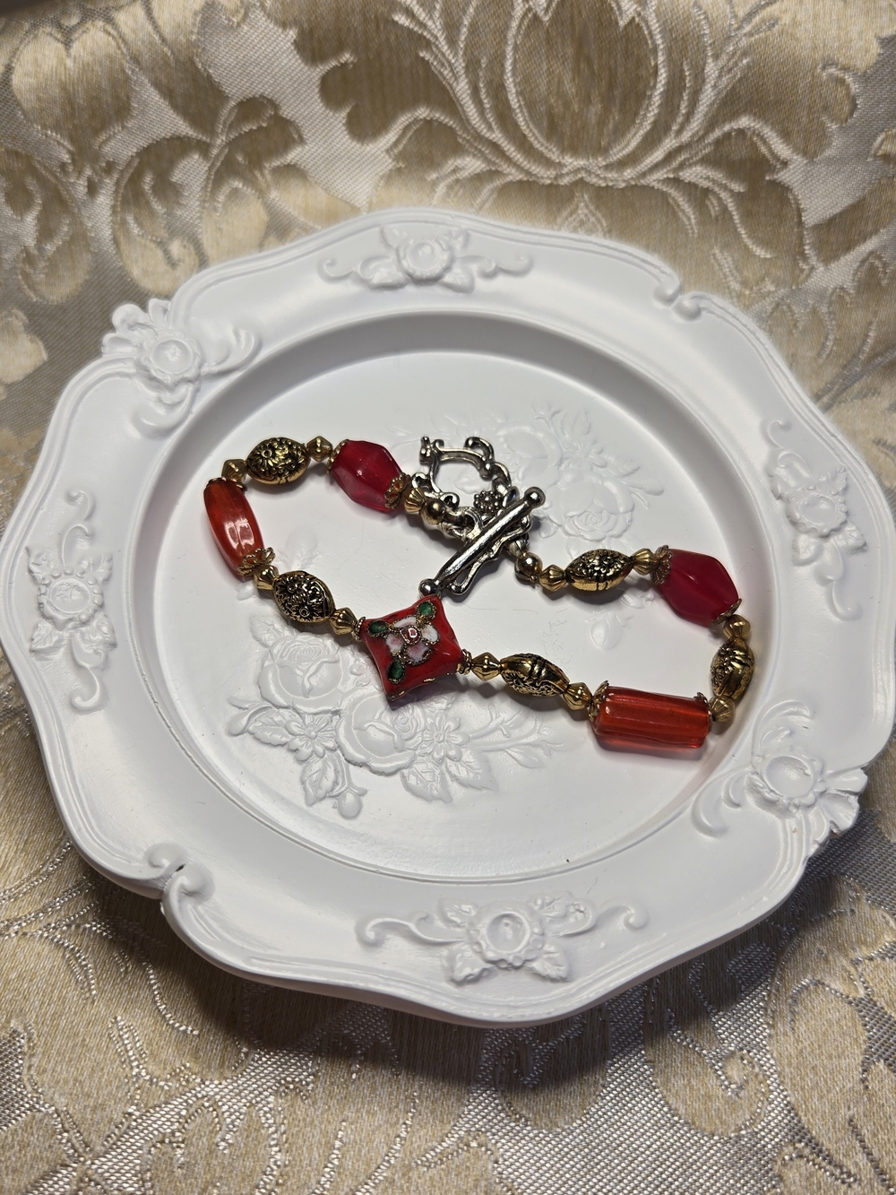 Handcrafted Red and Gold Beaded Toggle Bracelet